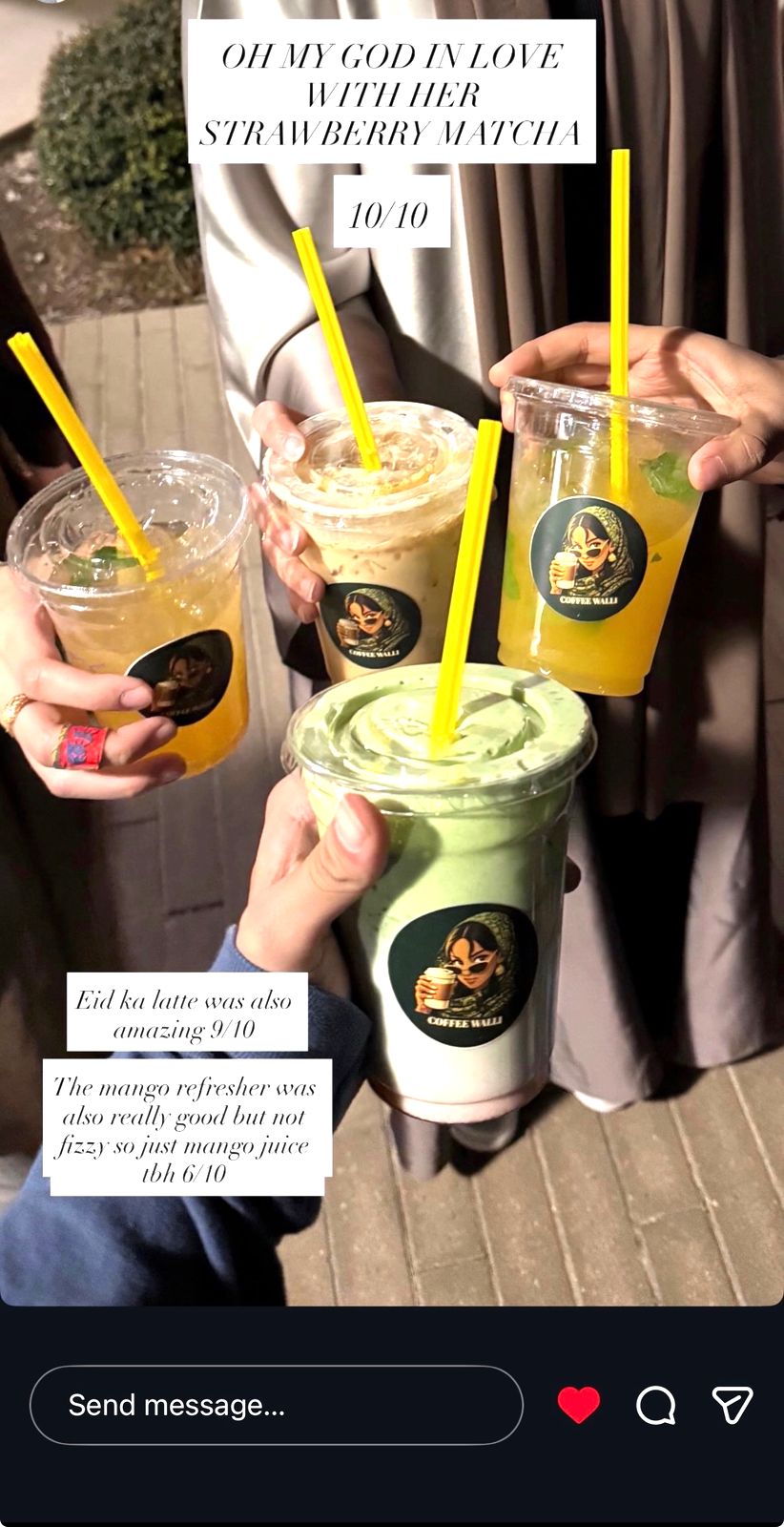 Four friends toasting with Coffee Walli matcha, latte, and refresher drinks at an event