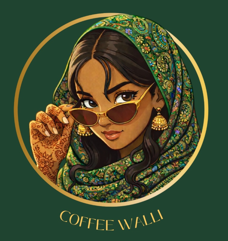 The Coffee Walli mascot — a woman in an ornate green dupatta lowering her gold sunglasses